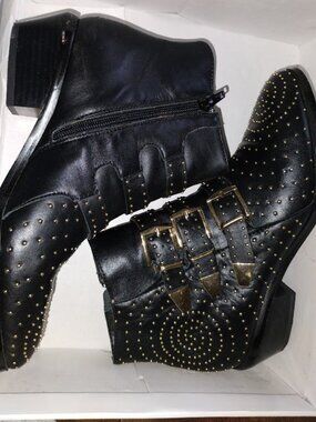 Steve Madden | Madhouse  Black Buckle Leather Gold Studded Ankle Boots size 7.5